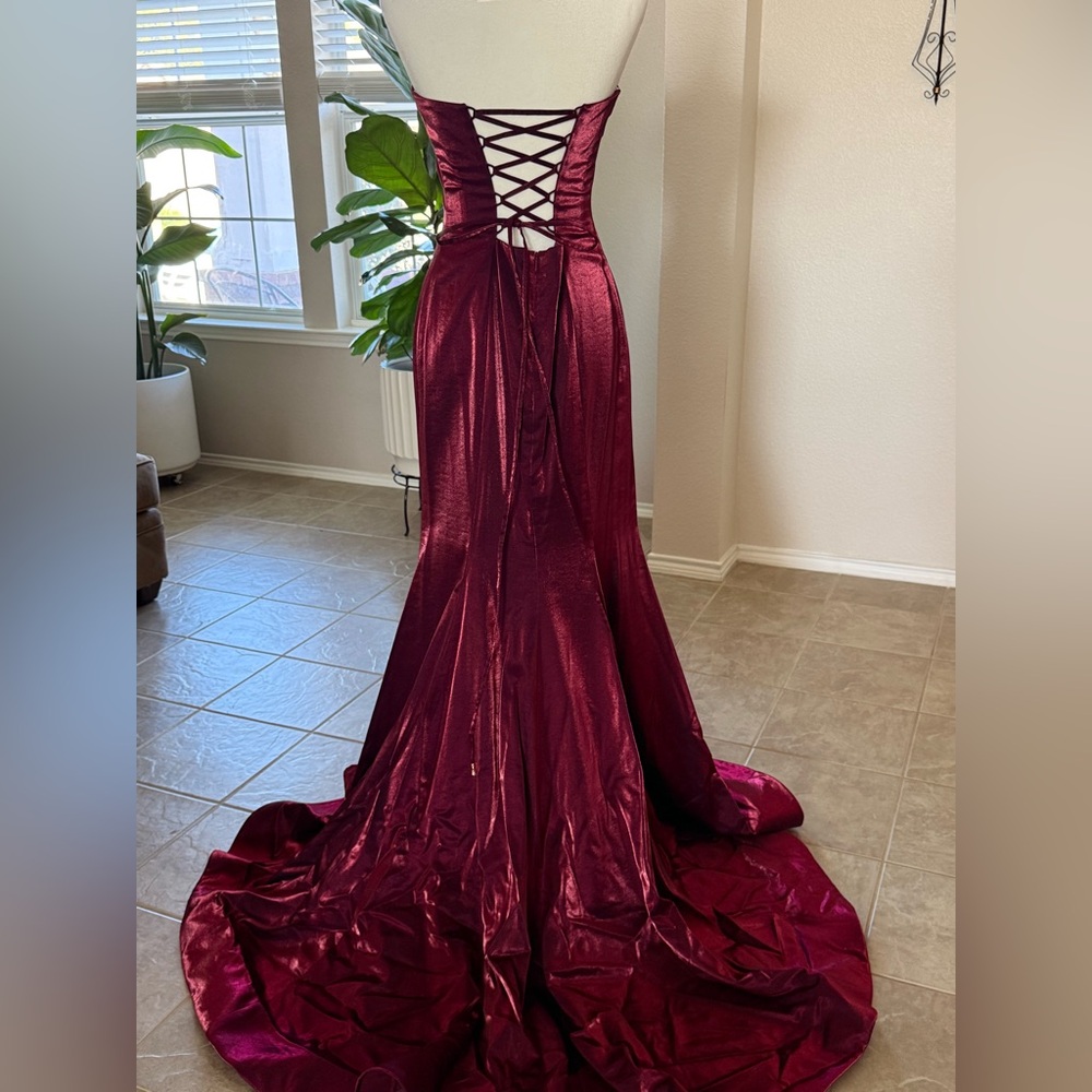 Sherri Hill Burgundy Satin Wedding Dress - Picture 5 of 5
